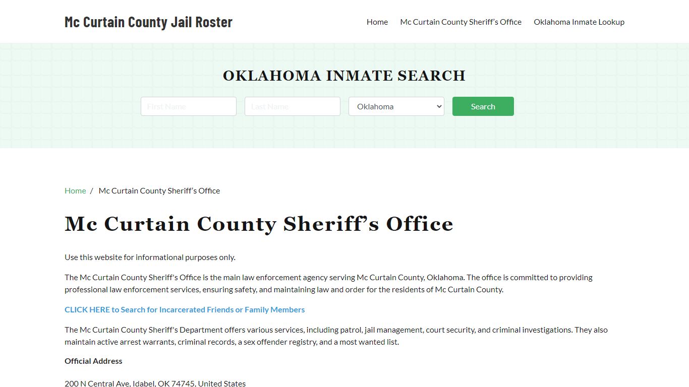 Mc Curtain County Sheriff Office, OK, Arrest Warrants Search